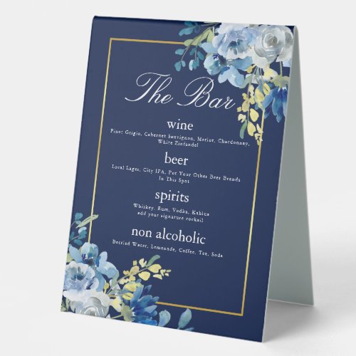 Navy Blue Gold Floral Elegant Wedding Bar Menu Table Tent Sign