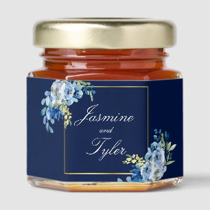 Navy Blue Gold Floral Elegant Wedding Honey Jar Favors