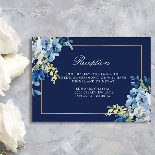 Navy Blue Gold Floral Elegant Wedding Reception Enclosure Card