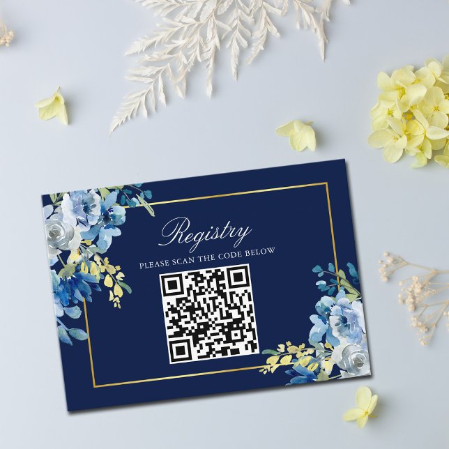 Navy Blue Gold Floral Elegant Wedding Registry Enclosure Card (Creator Uploaded)