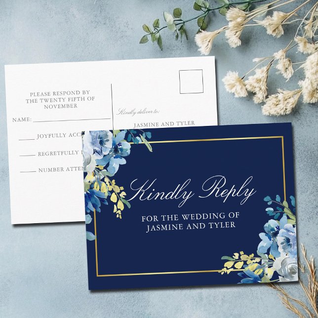 Navy Blue Gold Floral Elegant Wedding RSVP Postcard (Creator Uploaded)