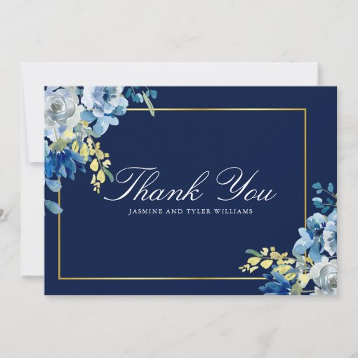 Navy Blue Gold Floral Elegant White Script Thank You Card | Zazzle