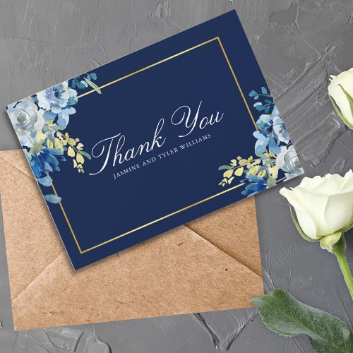 Navy Blue Gold Floral Elegant White Script Thank You Card