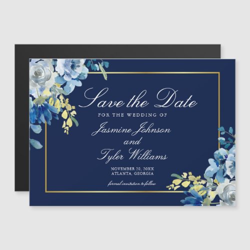 Navy Blue Gold Floral Elegant Winter Save the Date Magnetic Invitation