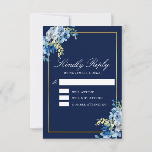Navy Blue Gold Floral Elegant Winter Wedding RSVP Card