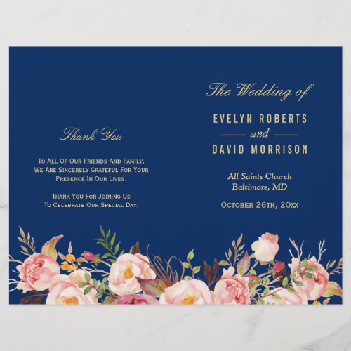 Navy Blue Gold Floral Folded Wedding Program