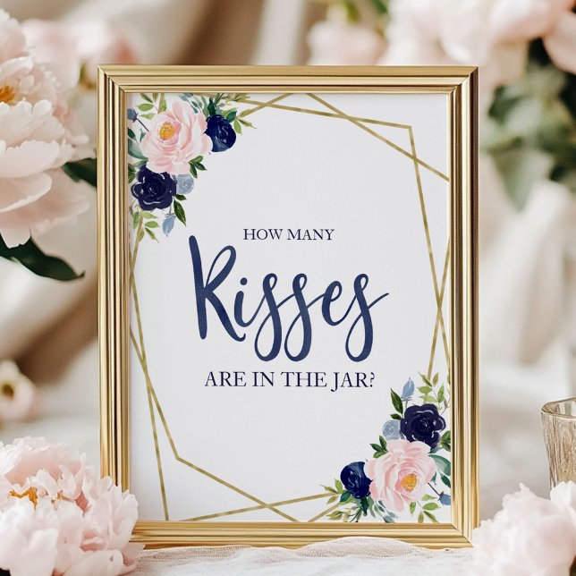 Navy Blue Gold Floral How Many Kisses Sign (Creator Uploaded)