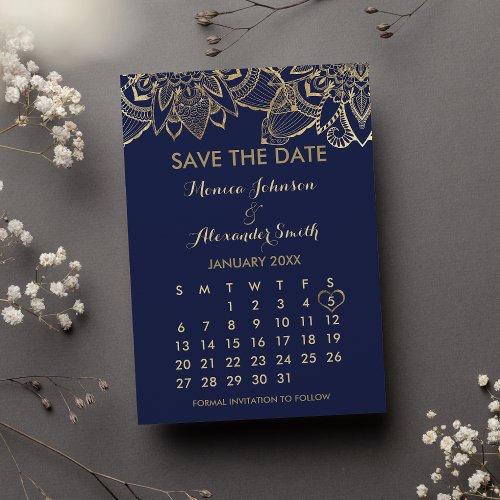 Navy Blue Gold Floral Mandala Calendar Wedding  Save The Date