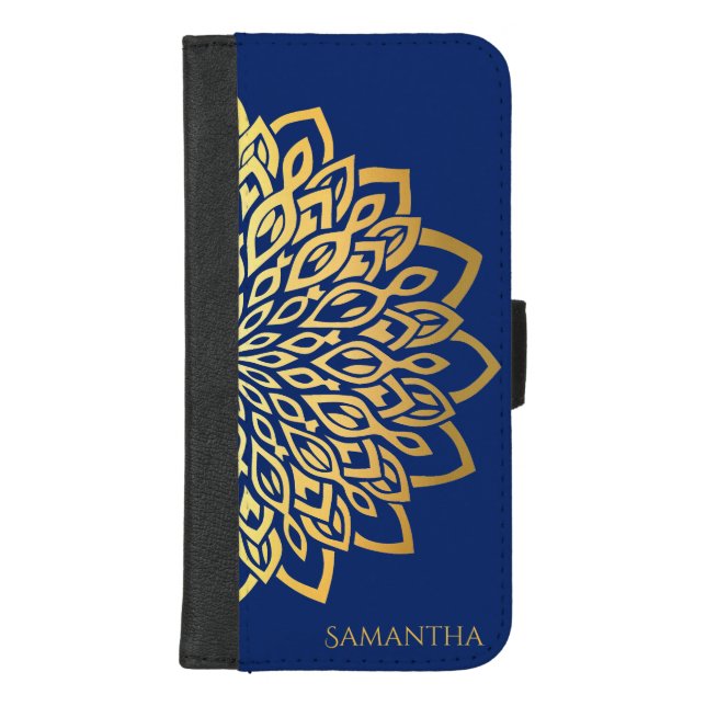 Navy Blue Gold Floral Mandala iPhone Wallet Case (Front)