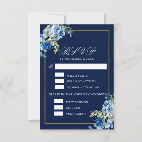 Navy Blue Gold Floral Meal Choice Elegant Wedding RSVP Card