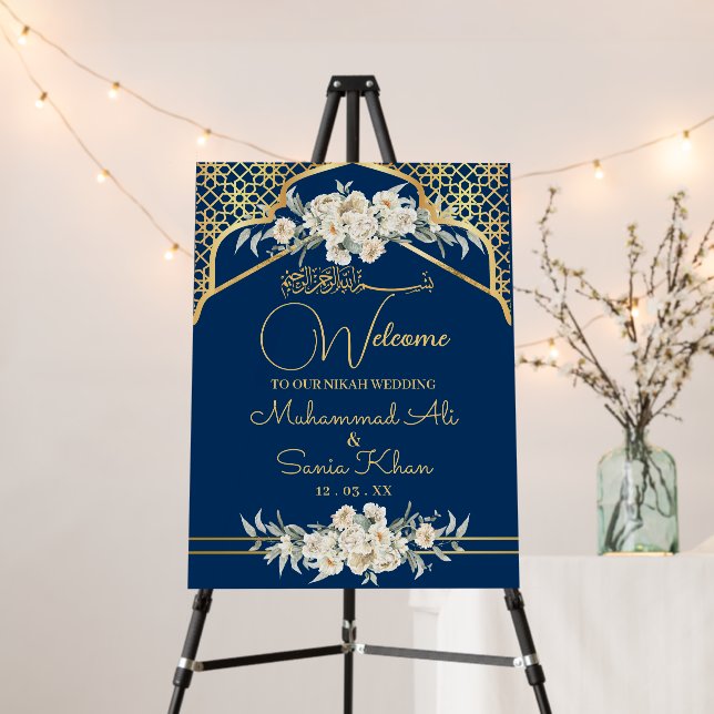 Navy Blue Gold Floral Nikah Wedding Welcome Sign (In Situ (Stand))
