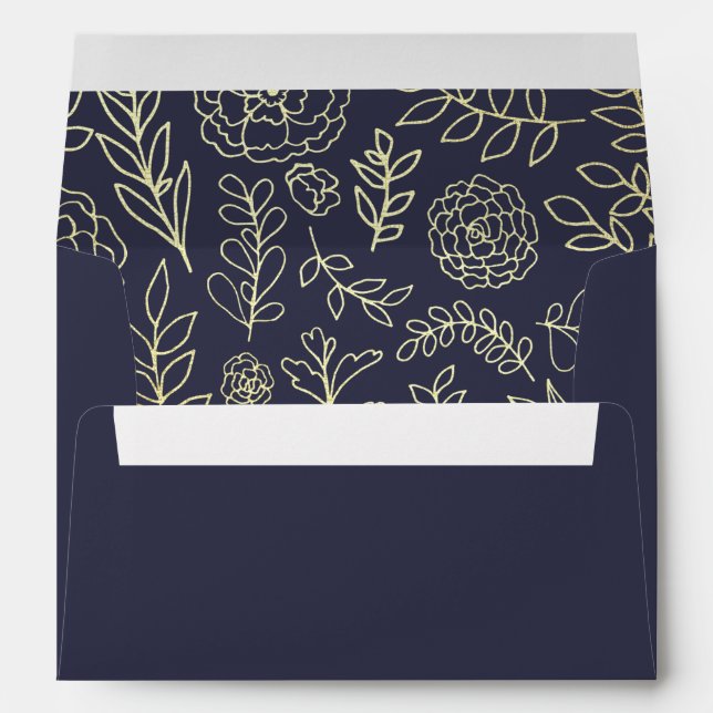 Navy Blue | Gold Floral Pattern Wedding  Envelope (Back (Bottom))