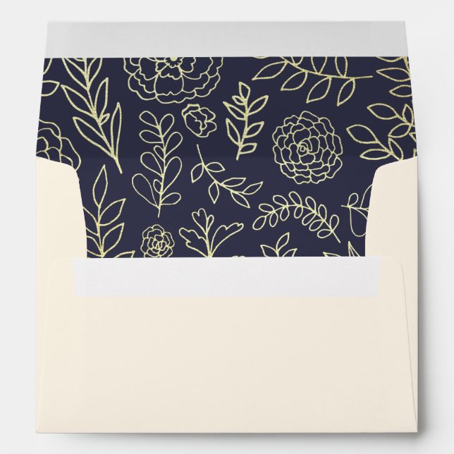 Navy Blue | Gold Floral Pattern Wedding Envelope (Back (Bottom))
