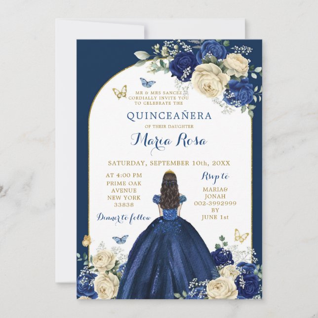 Navy Blue Gold Floral Princess Quinceañera Invitation (Front)