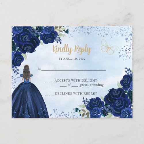 Navy Blue Gold Floral Princess Quinceaera RSVP Postcard