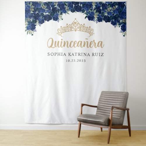 Navy Blue Gold Floral Quinceanera Photo Backdrop