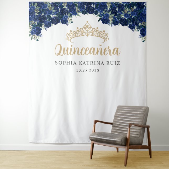Navy Blue Gold Floral Quinceanera Photo Backdrop (In Situ)