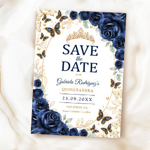 Navy Blue Gold Floral Quinceanera Save The Date