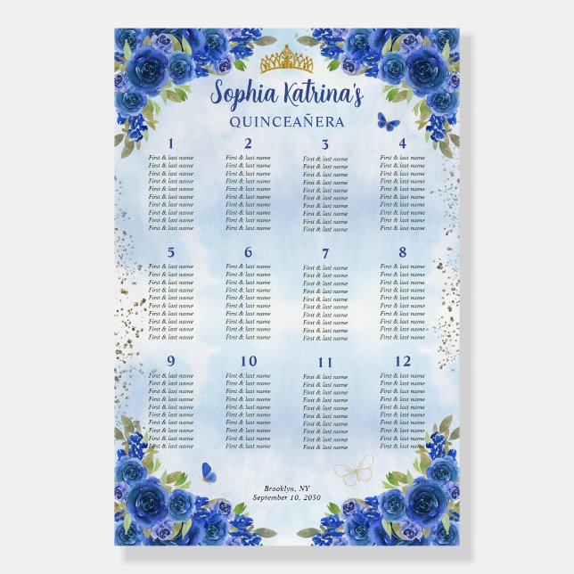 Navy Blue Gold Floral Quinceañera Seating Chart Foam Board (Front)
