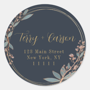 Navy Blue Gold Floral Round Return Address Label 