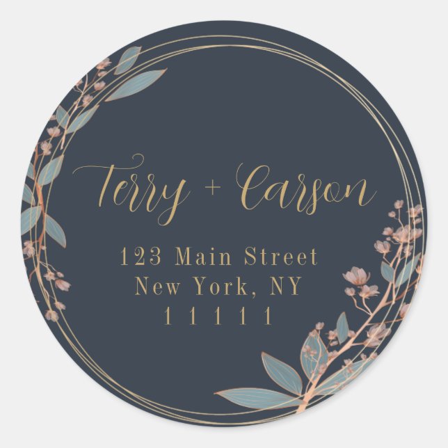 Navy Blue Gold Floral Round Return Address Label  (Front)