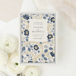 Navy Blue Gold Floral Save The Date Card