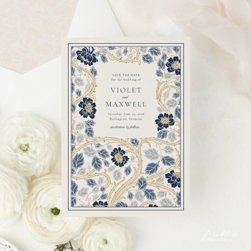 Navy Blue Gold Floral Save The Date Card