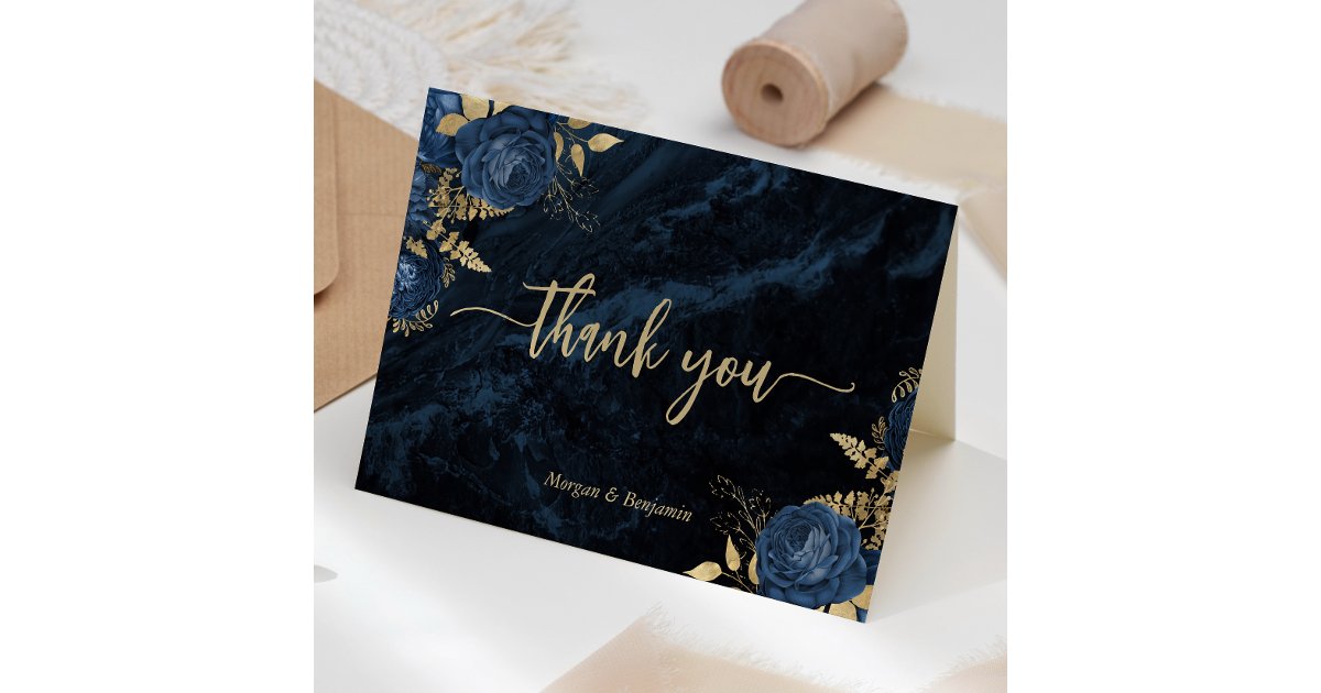 Navy Blue Gold Floral Script Wedding Thank You Card | Zazzle