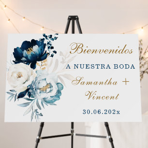 Navy Blue Gold Floral Spanish Wedding Welcome Sign