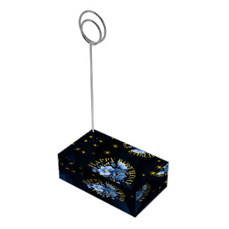 Navy Blue Gold Floral Starry Night Happy Birthday Place Card Holder