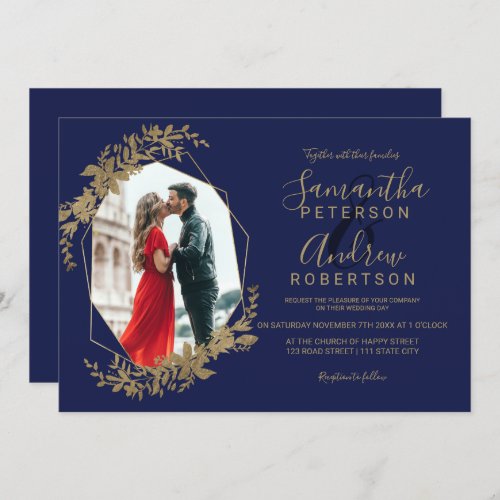 Navy blue gold floral terrarium photo wedding invitation