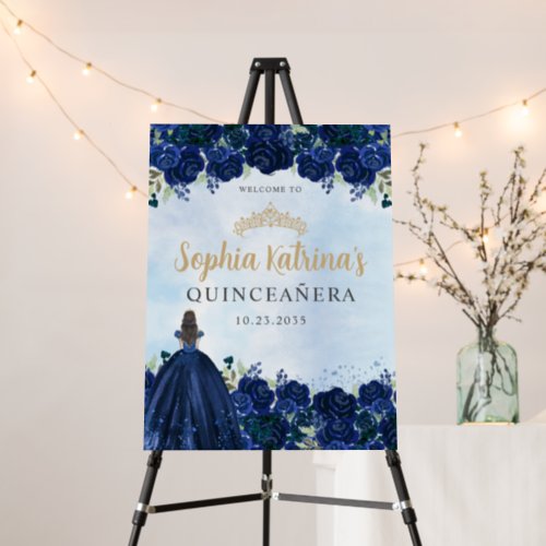 Navy Blue Gold Floral Tiara Quinceanera Welcome Foam Board