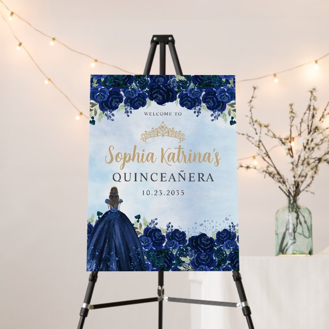 Navy Blue Gold Floral Tiara Quinceanera Welcome Foam Board (In Situ (Stand))