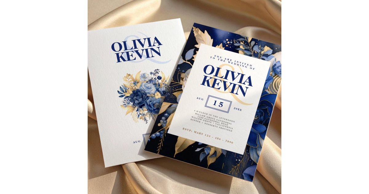 Navy Blue & Gold Floral Watercolor Elegant Wedding Invitation | Zazzle