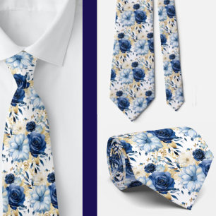 Navy Blue Gold Floral Watercolor Flowers Wedding Neck Tie