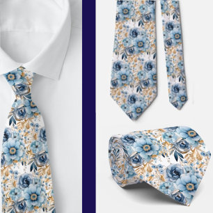 Navy Blue Gold Floral Watercolor Flowers Wedding Neck Tie