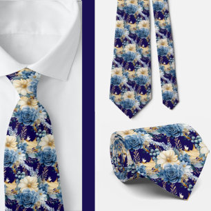 Navy Blue Gold Floral Watercolor Flowers Wedding  Neck Tie