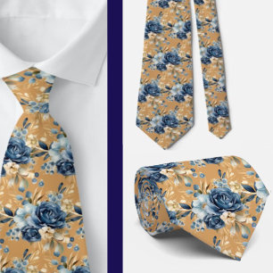 Navy Blue Gold Floral Watercolor Flowers Wedding  Neck Tie