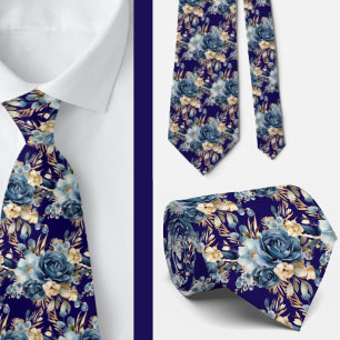 Navy Blue Gold Floral Watercolor Flowers Wedding Neck Tie