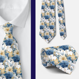 Navy Blue Gold Floral Watercolor Flowers Wedding Neck Tie