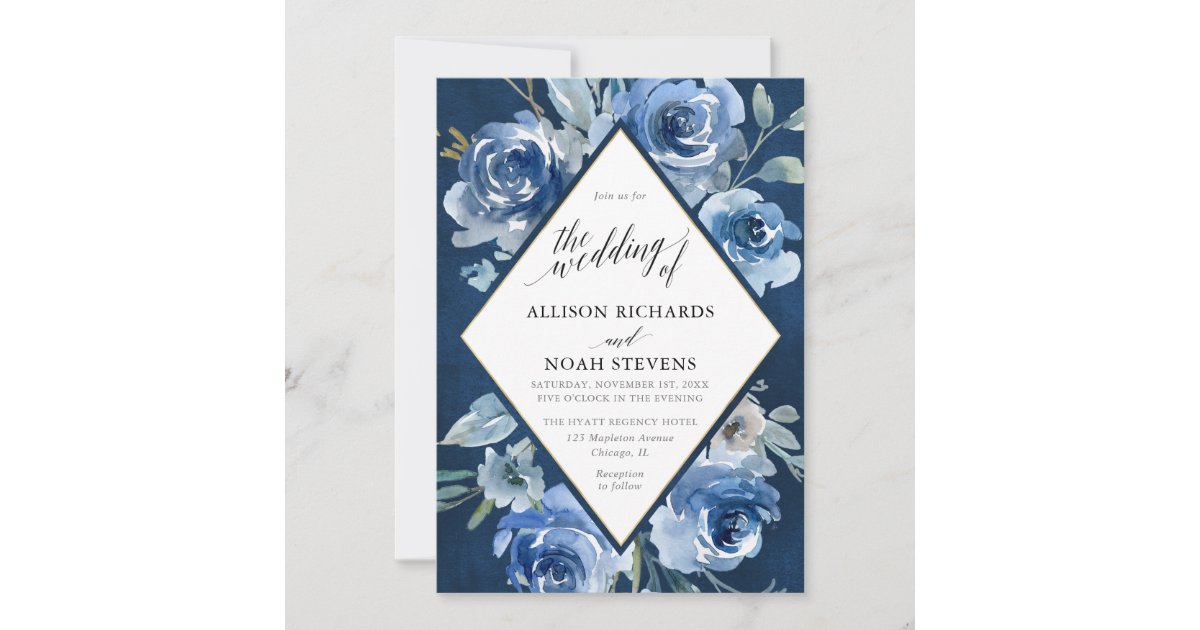Navy blue gold floral watercolor modern wedding invitation | Zazzle