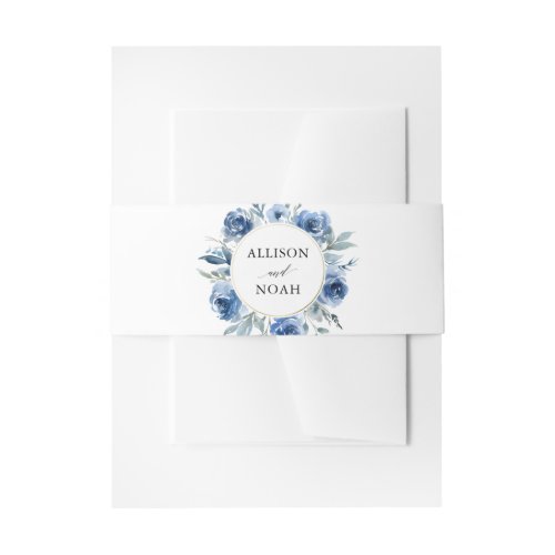 Navy blue gold floral watercolor modern wedding invitation belly band