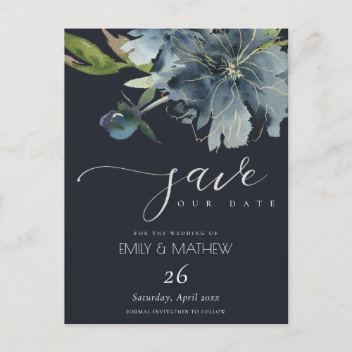 NAVY BLUE GOLD FLORAL WATERCOLOR SAVE THE DATE ANNOUNCEMENT POSTCARD
