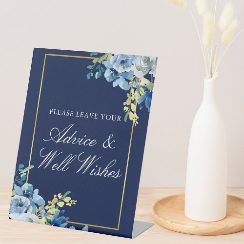 Navy Blue Gold Floral Wedding Advice  Well Wishes Pedestal Sign