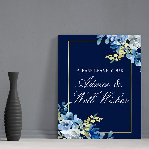 Navy Blue Gold Floral Wedding Advice  Well Wishes Poster