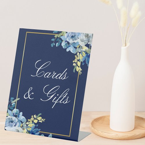 Navy Blue Gold Floral Wedding Chic Cards  Gifts Pedestal Sign