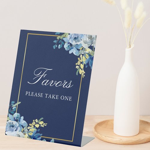 Navy Blue Gold Floral Wedding Chic Favors Table Pedestal Sign