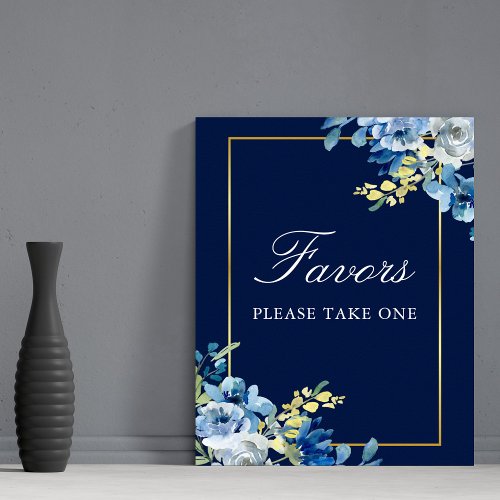 Navy Blue Gold Floral Wedding Chic Favors Table Poster
