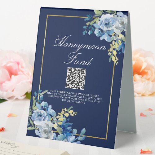Navy Blue Gold Floral Wedding Chic Honeymoon Fund Table Tent