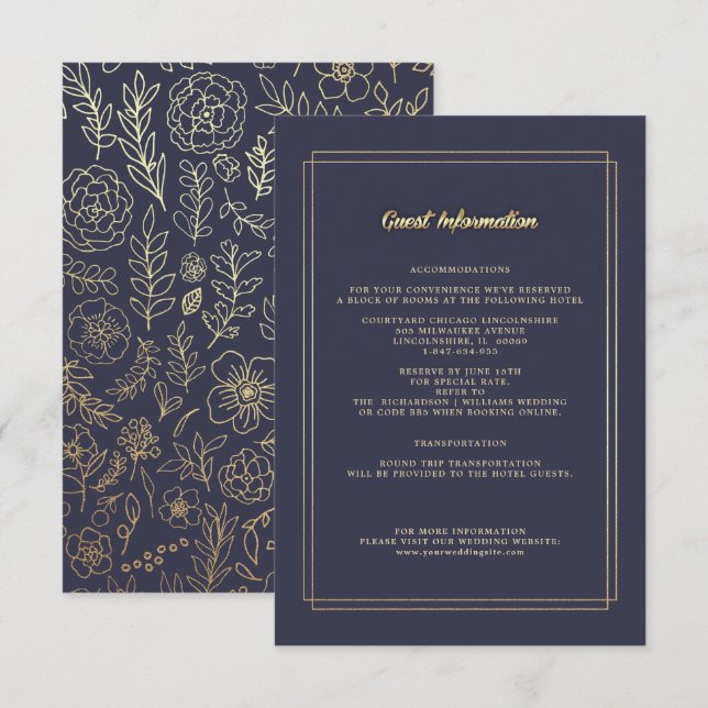 Navy Blue | Gold Floral Wedding Details Cards (Front/Back)